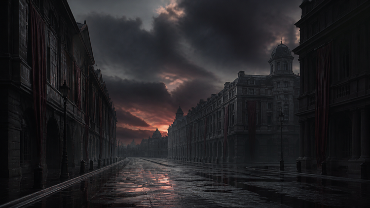 A rain-slicked empty boulevard at dusk under a bruised sky
