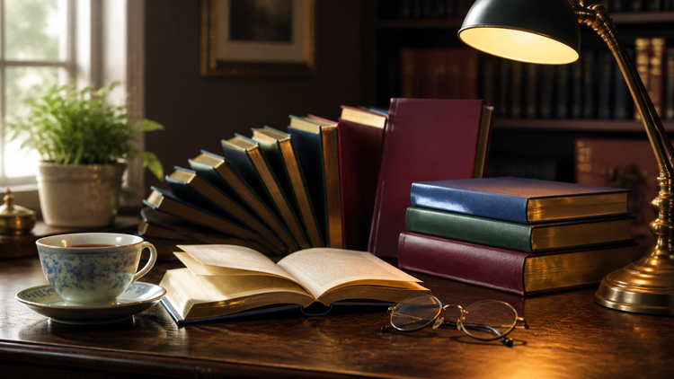 Books fanned on a table beside a reading lamp and a cup of tea
