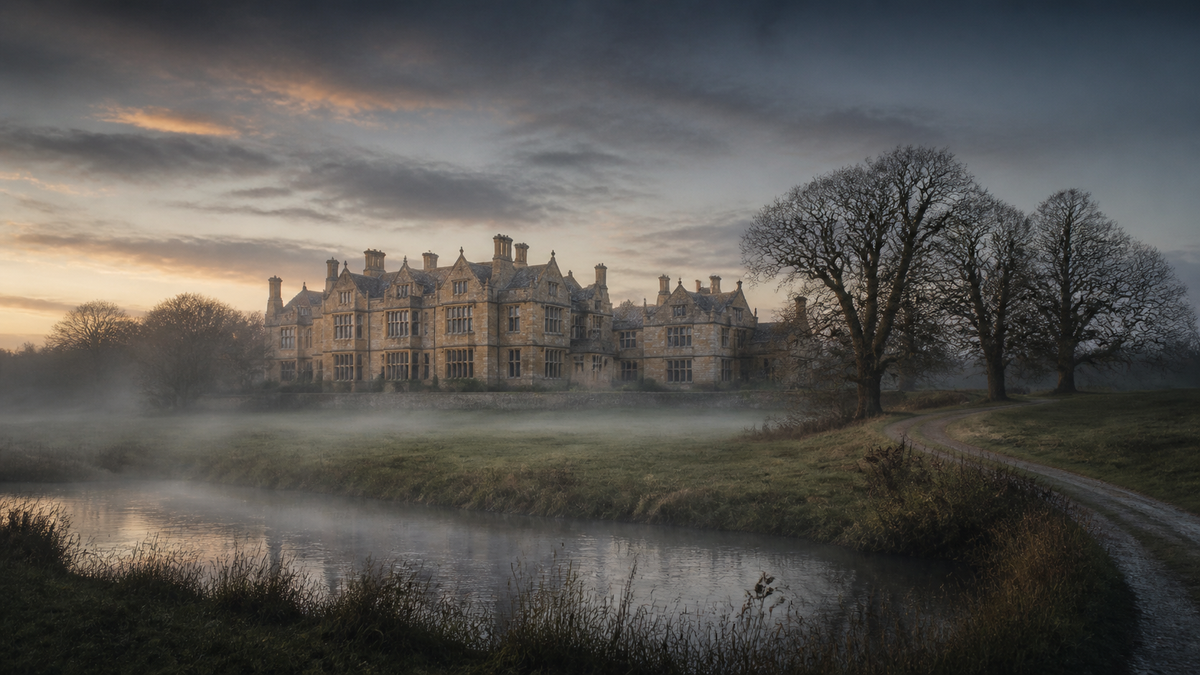 A Dorset stone manor house across a misty water meadow at dawn
