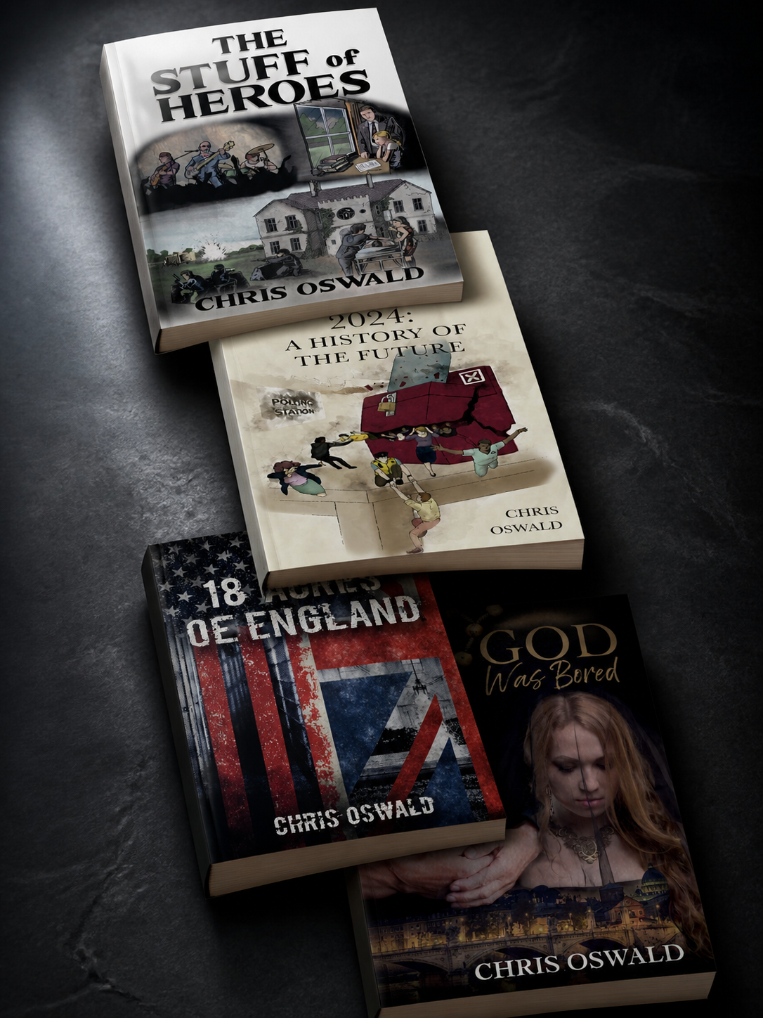 Three standalone Chris Oswald paperbacks fanned on a slate surface